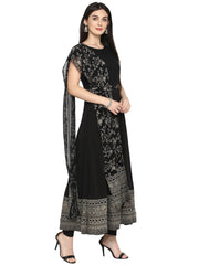 Black Printed Kurta with Attached Dupatta-AHKUGRRG-639