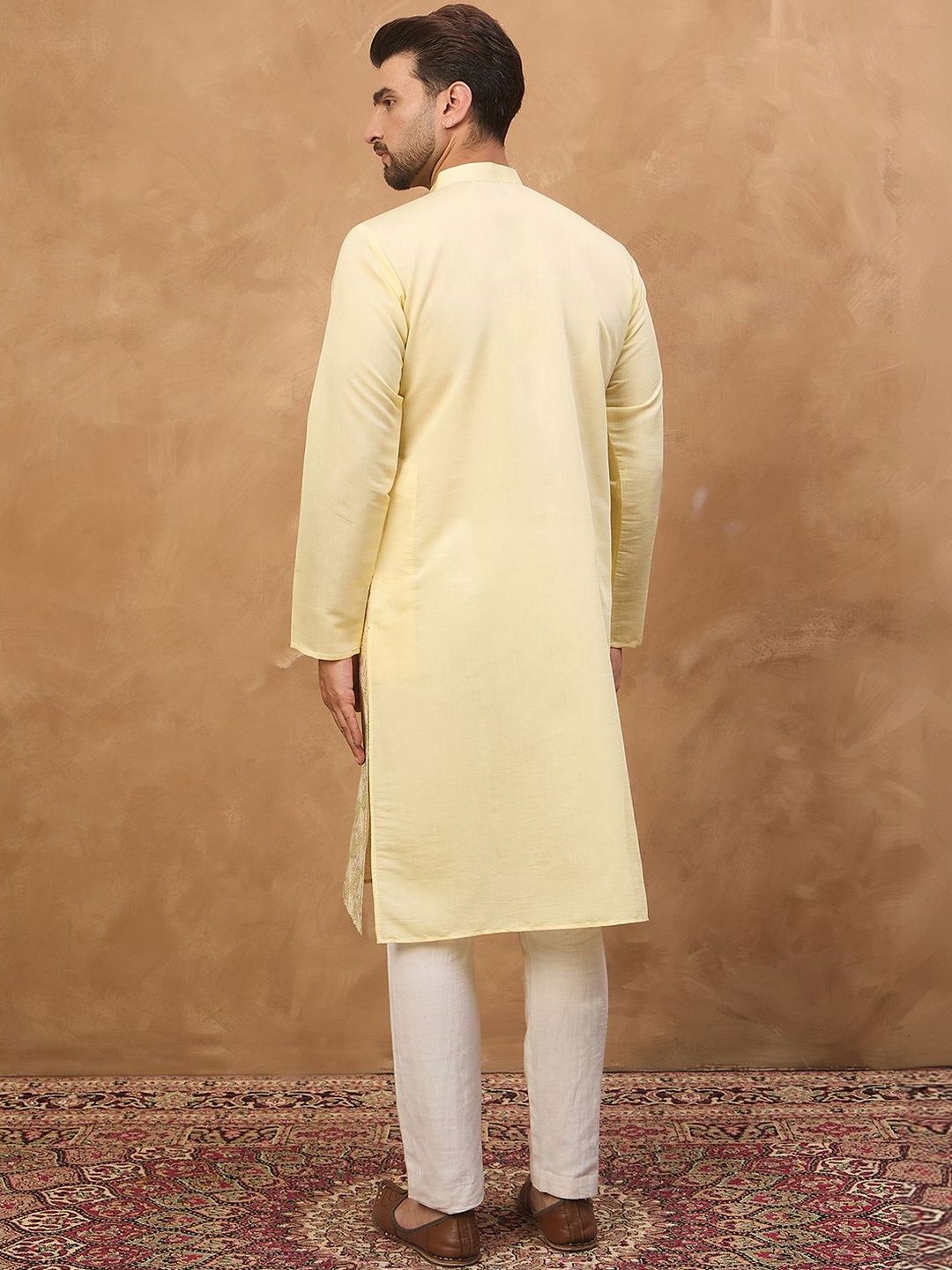 Ethnic Bay Men Yellow Silk Blend Solid Embroidered Straight Kurta With Pant Set-MKSET1467