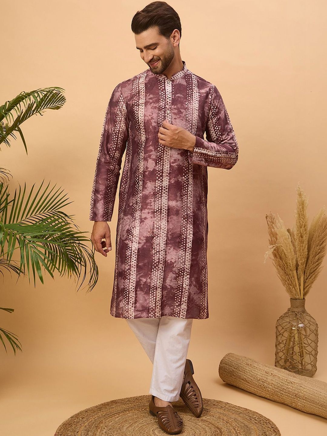 Ethnic Bay Men Burgundy Silk Blend Shibori Embroidered Straight Kurta With Pant Set-MKSET1537
