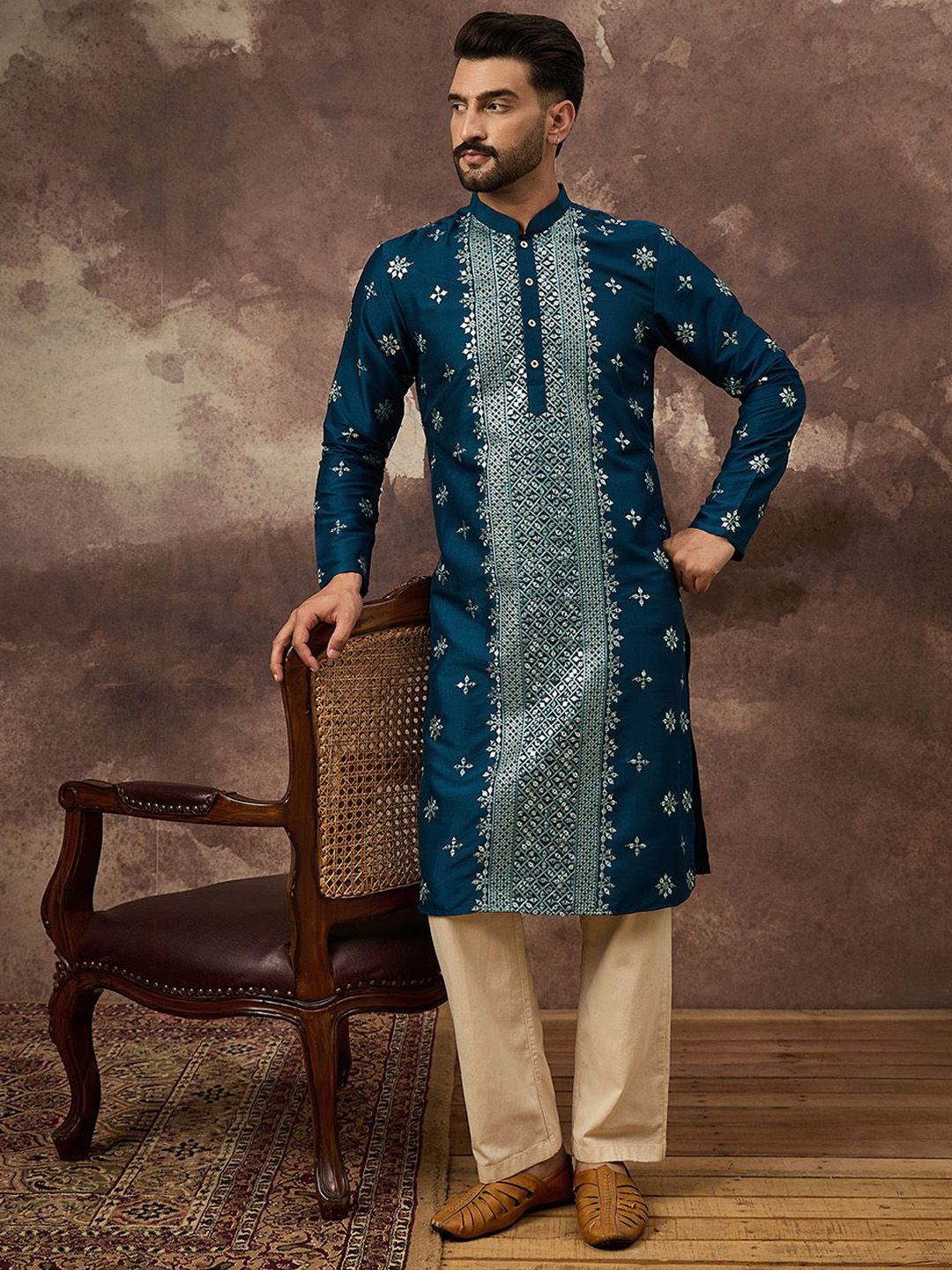 Ethnic Bay Men Blue Silk Blend Solid Embroidered Straight Kurta With Pant Set-MKSET1371