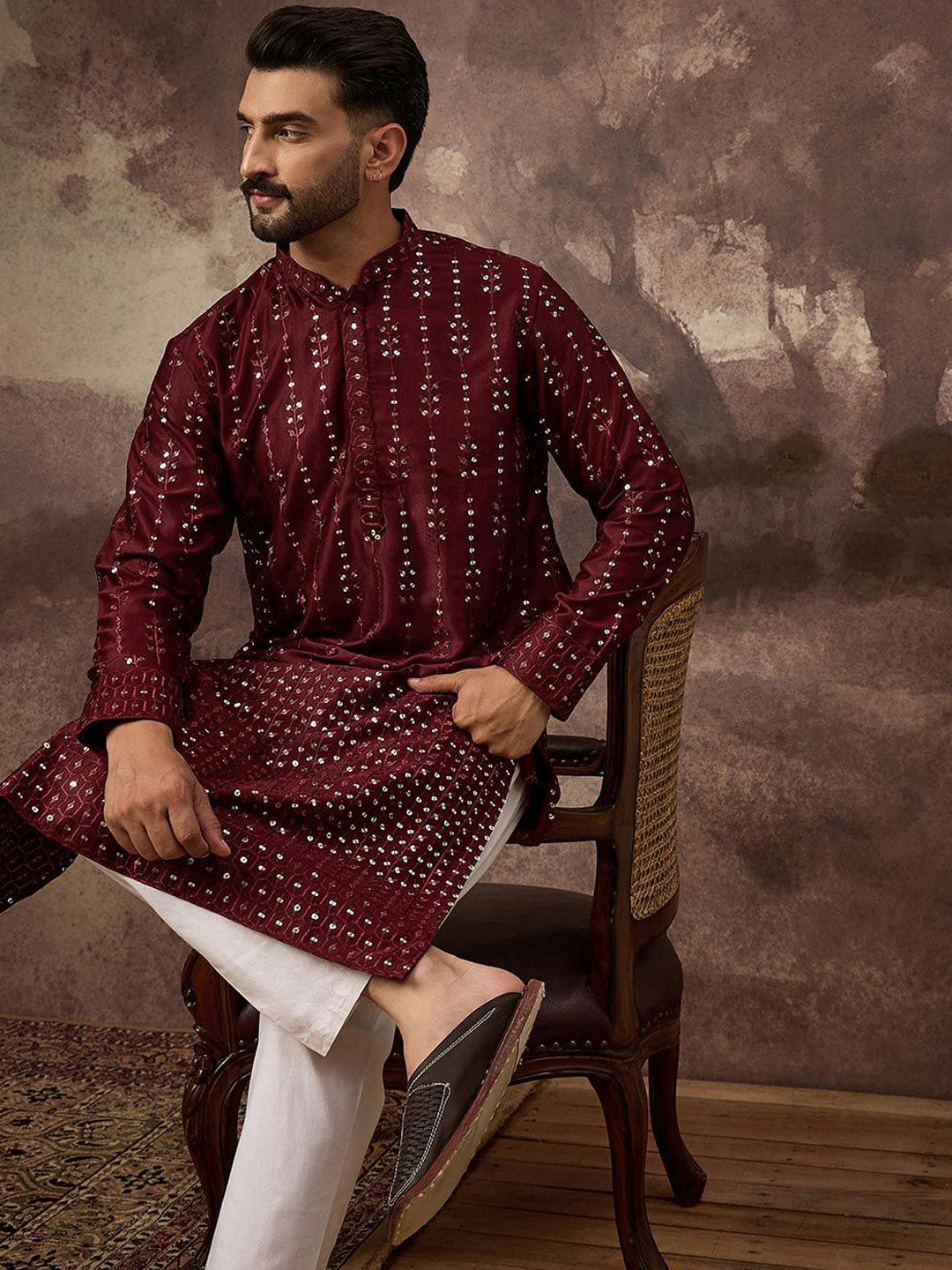 Ethnic Bay Men Maroon Silk Blend Solid Embroidered Straight Kurta With Pant Set-MKSET1361