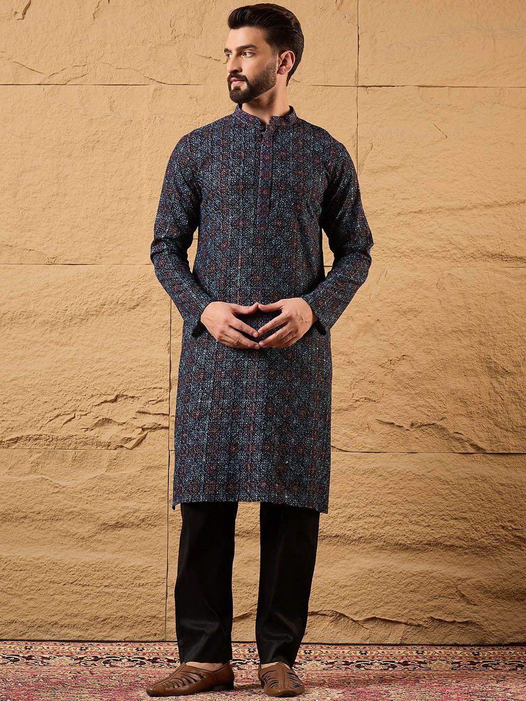 Ethnic Bay Mens Blue Viscose Rayon Abstract Embroidered Chikankari Straight Kurta With Pant Set-MKSET1172