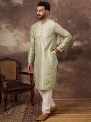 Ethnic Bay Men Green Silk Blend Solid Embroidered Straight Kurta With Pant Set-MKSET1363