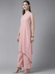 Rose Pink Crepe Kurta Palazzos Set With Burgundy Jacket-AHKUPZJK-COMBO-338
