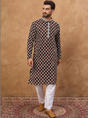 Ethnic Bay Men Brown Viscose Rayon Solid Embroidered Straight Kurta With Pant Set-MKSET1536