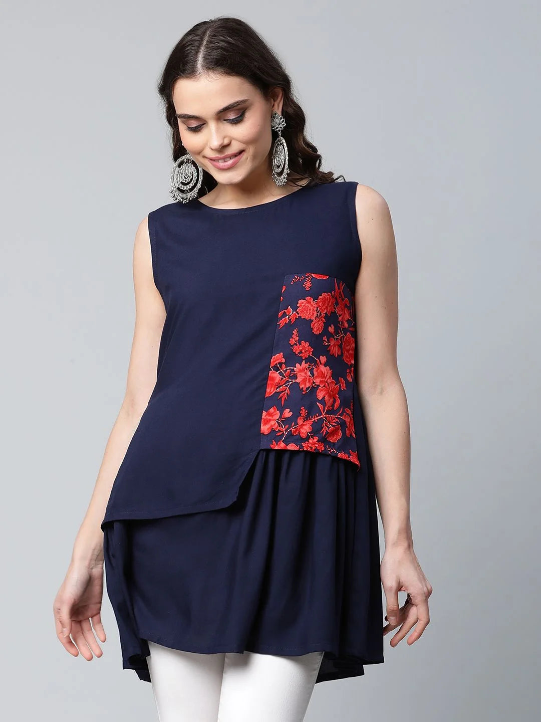 Navy Blue Printed Tunic Top - Women's Indian Kurta Online