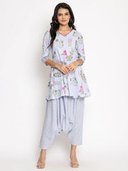 Powder Blue Printed Top With Harem Pant-AHKUHM-COMBO-317