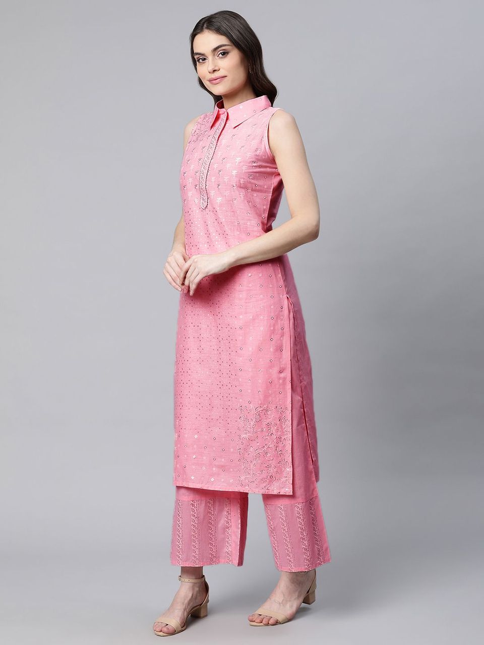 Light Pink Cotton Printed Kurta Palazzo Set | Kurta Palazzo Set