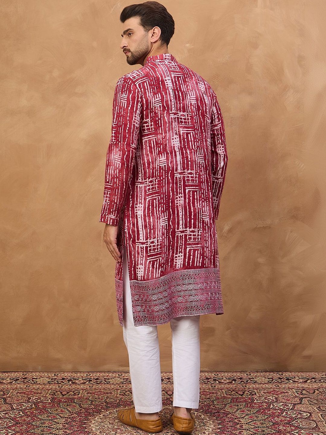 Ethnic Bay Men Red Viscose Rayon Batik Embroidered Straight Kurta With Pant Set-MKSET1499