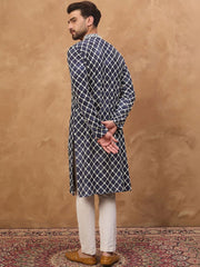 Ethnic Bay Men Blue Viscose Rayon Shibori Embroidered Straight Kurta With Pant Set-MKSET1534