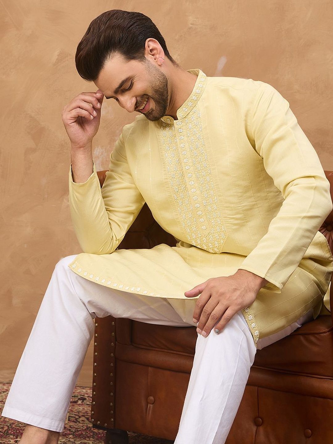 Ethnic Bay Men Yellow Silk Blend Solid Embroidered Straight Kurta With Pant Set-MKSET1507