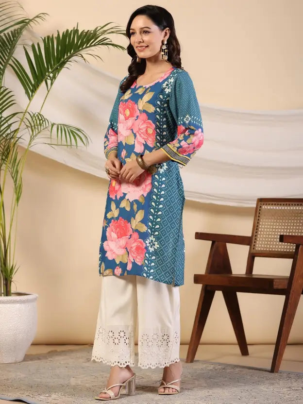 Blue Rayon Floral Printed Straight Kurta - 2 | DesiQlo