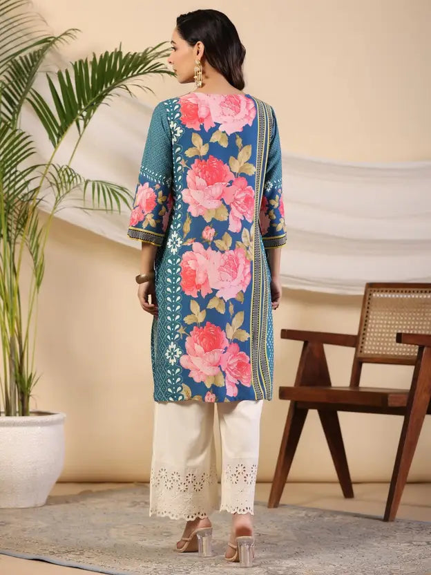 Blue Rayon Floral Printed Straight Kurta - 2 | DesiQlo