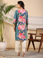 Blue Rayon Floral Printed Straight Kurta