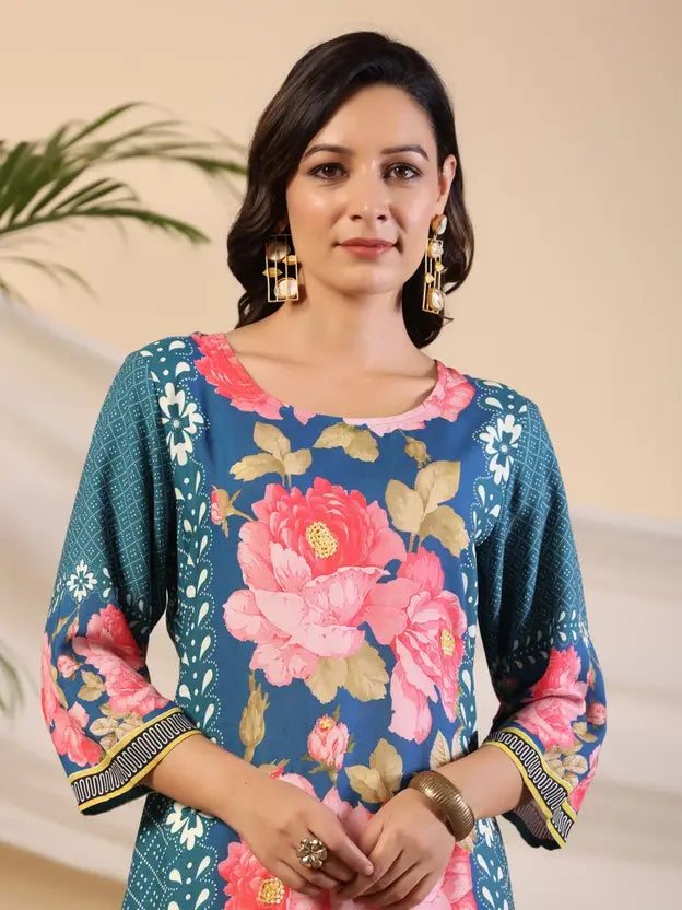 Blue Rayon Floral Printed Straight Kurta - 2 | DesiQlo