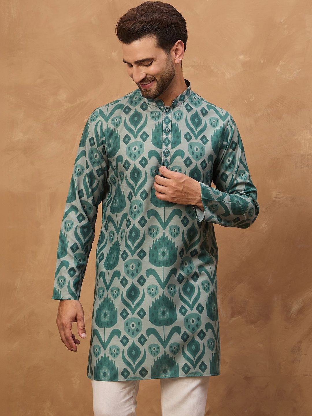 Ethnic Bay Men Green Cotton Blend Ethnic Motifs Printed Straight Kurta With Pant Set-MKSET1545