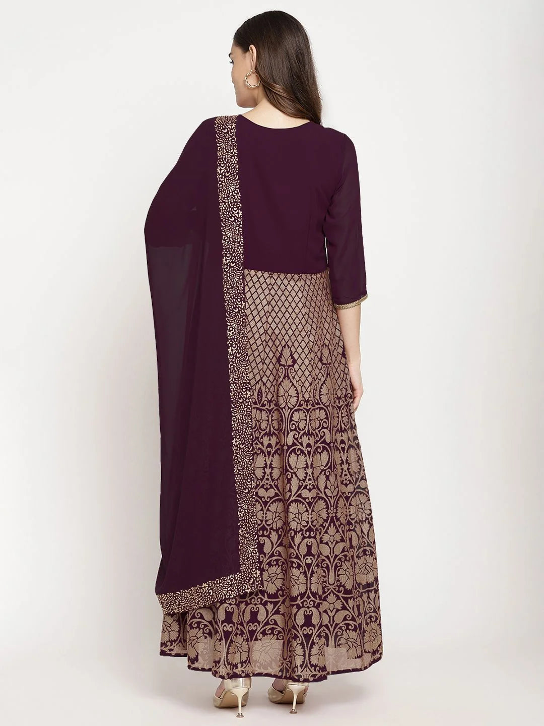 Wine Georgette Gold Foil Print Designer Kurta Set with Dupatta