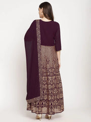 Wine Georgette Gold Foil Print Flared Kurta with Dupatta-AHKUDU-COMBO-408