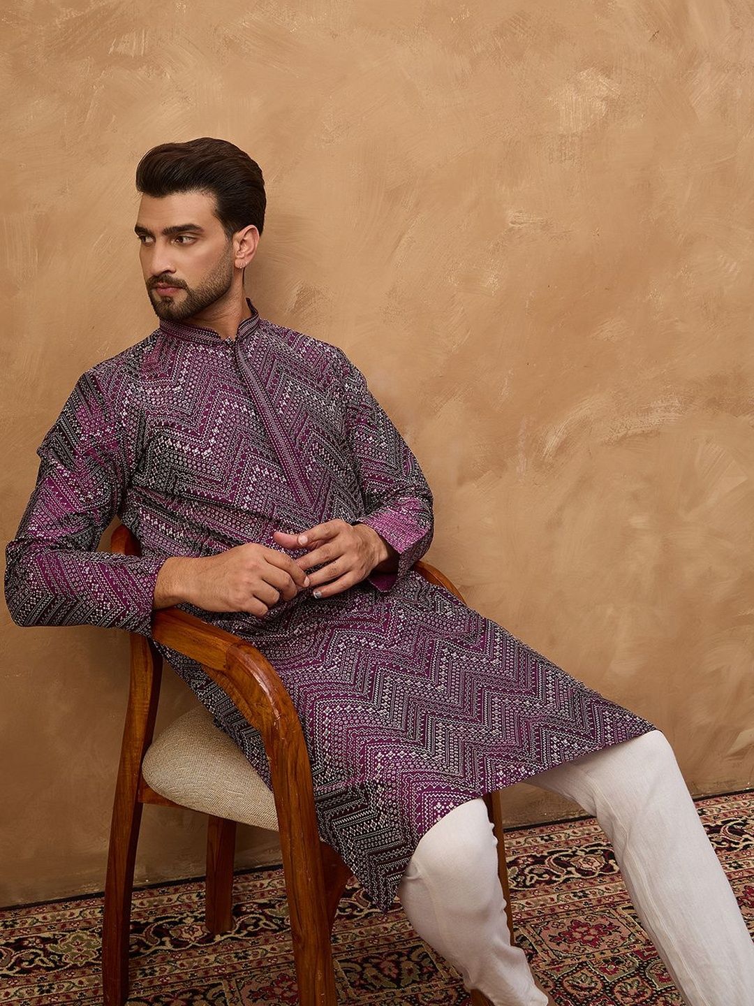 Ethnic Bay Men Purple Silk Blend Geometric Printed Straight Kurta With Pant Set-MKSET1521