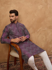 Ethnic Bay Men Purple Silk Blend Geometric Printed Straight Kurta With Pant Set-MKSET1521