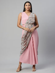 Baby Pink Georgette Saree Dress With Printed Pallu-AHDRCRGRDP-956