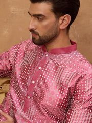 Ethnic Bay Men Pink Silk Blend Geometric Printed Straight Kurta With Pant Set-MKSET1526