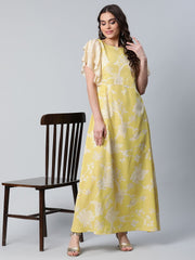 Lemon Yellow Crepe Floral Dress-AHDRCRDP-887