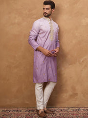 Ethnic Bay Men Purple Silk Blend Solid Embroidered Straight Kurta With Pant Set-MKSET1487