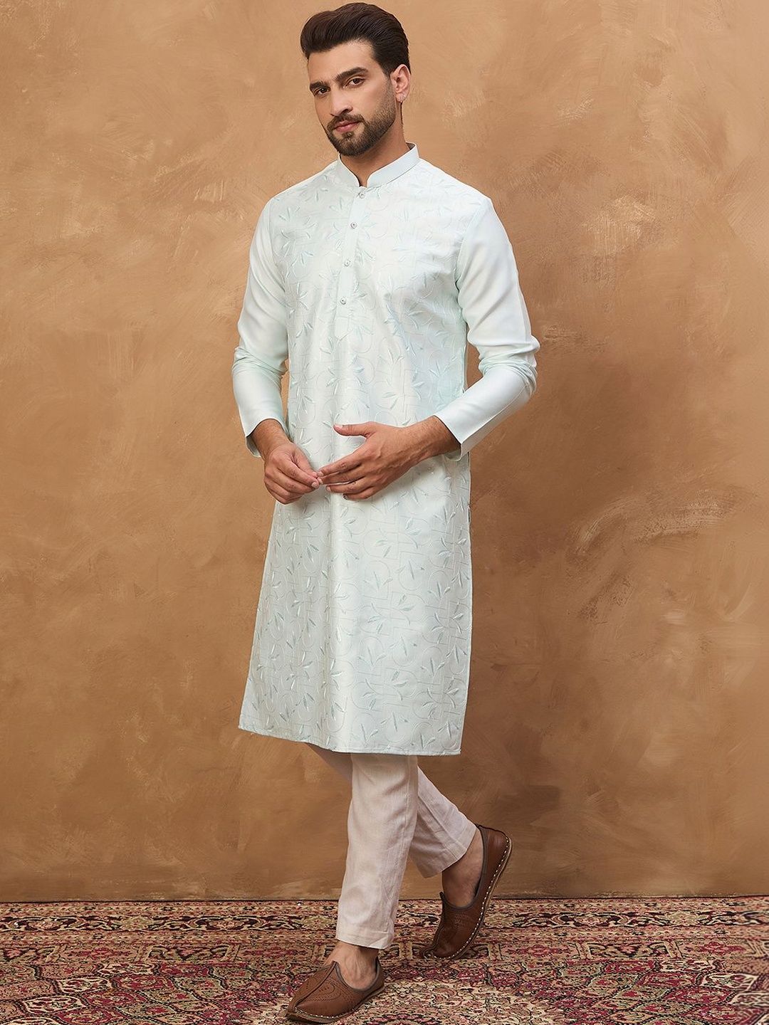 Ethnic Bay Men Blue Silk Blend Solid Embroidered Straight Kurta With Pant Set-MKSET1446