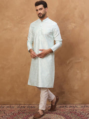 Ethnic Bay Men Blue Silk Blend Solid Embroidered Straight Kurta With Pant Set-MKSET1446