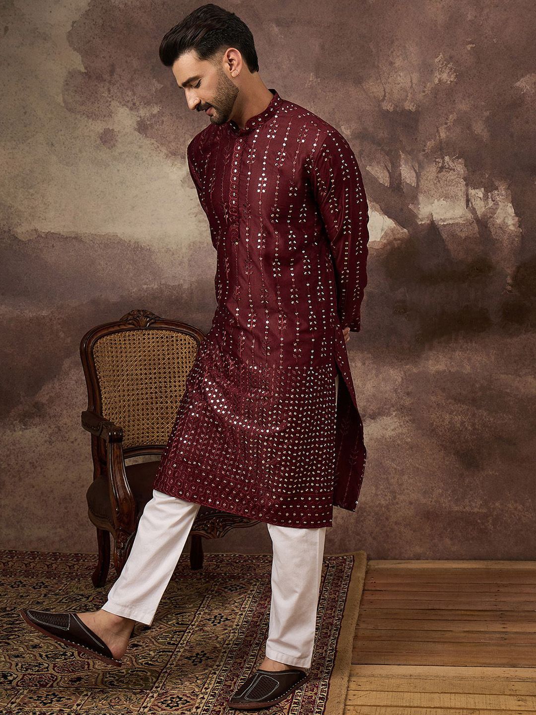 Ethnic Bay Men Maroon Silk Blend Solid Embroidered Straight Kurta With Pant Set-MKSET1361