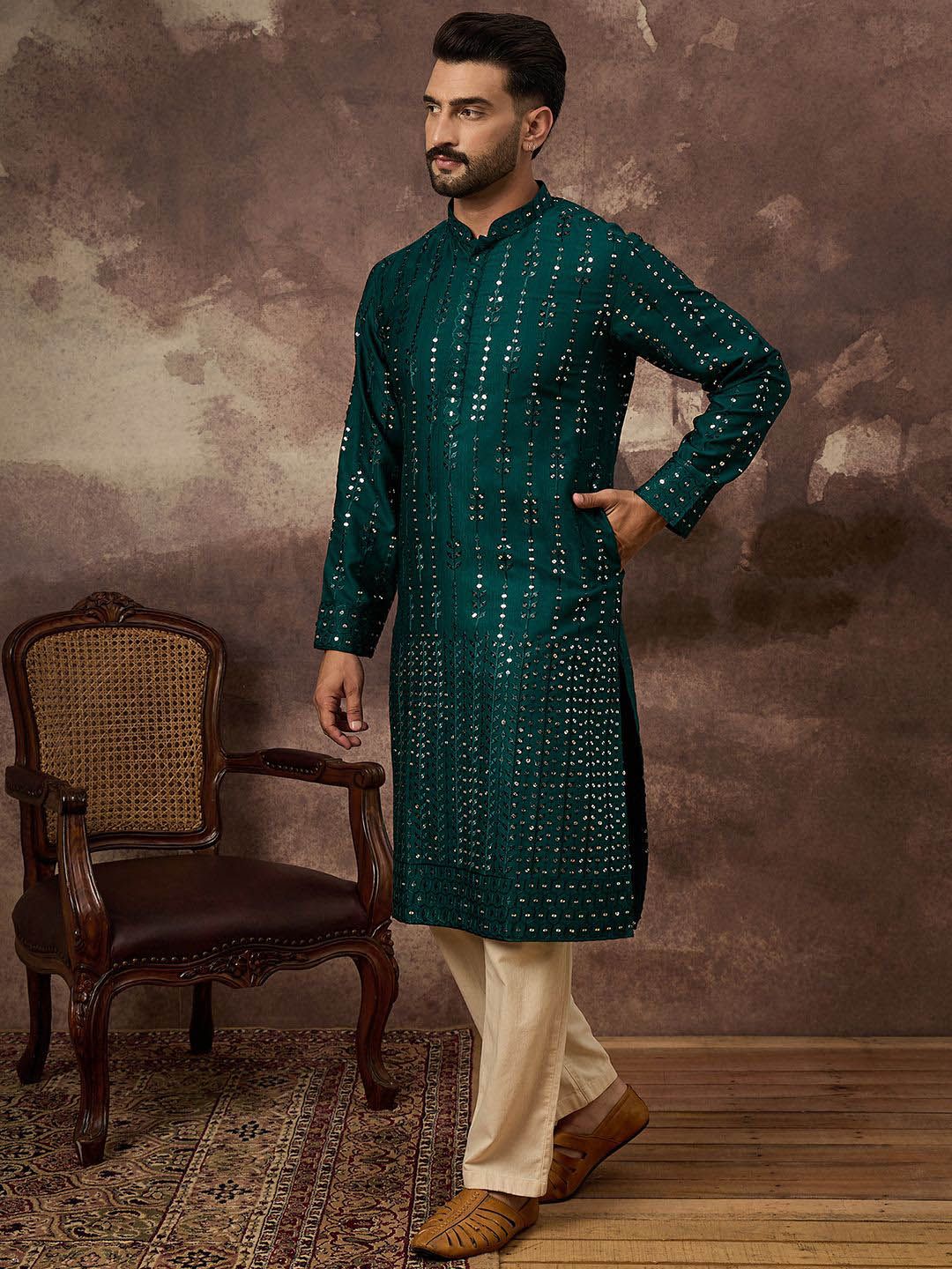 Ethnic Bay Men Teal Silk Blend Solid Embroidered Straight Kurta With Pant Set-MKSET1357