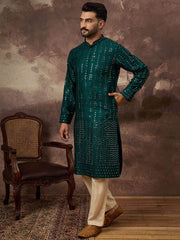 Ethnic Bay Men Teal Silk Blend Solid Embroidered Straight Kurta With Pant Set-MKSET1357