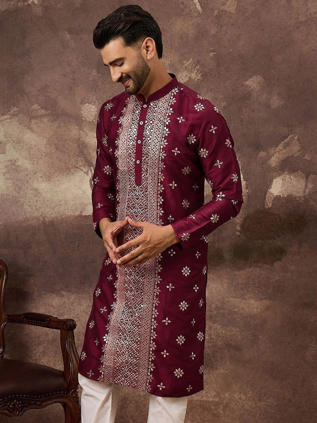 Ethnic Bay Men Maroon Silk Blend Solid Embroidered Straight Kurta With Pant Set-MKSET1369
