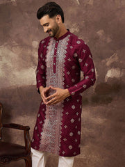 Ethnic Bay Men Maroon Silk Blend Solid Embroidered Straight Kurta With Pant Set-MKSET1369