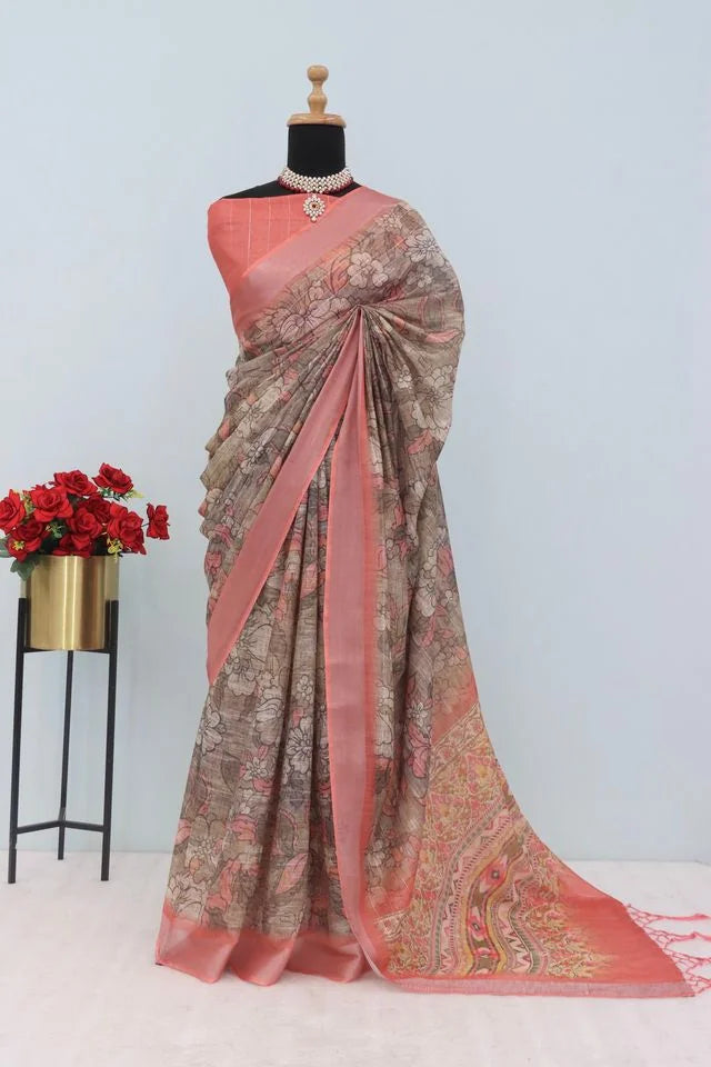 Linen Digital Print Orange Saree With Unstiched Blouse Piece