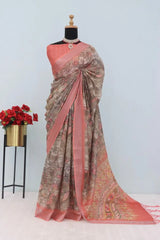 Linen Digital Print Orange Saree With Unstiched Blouse Piece-MPHL-92-ORANGE