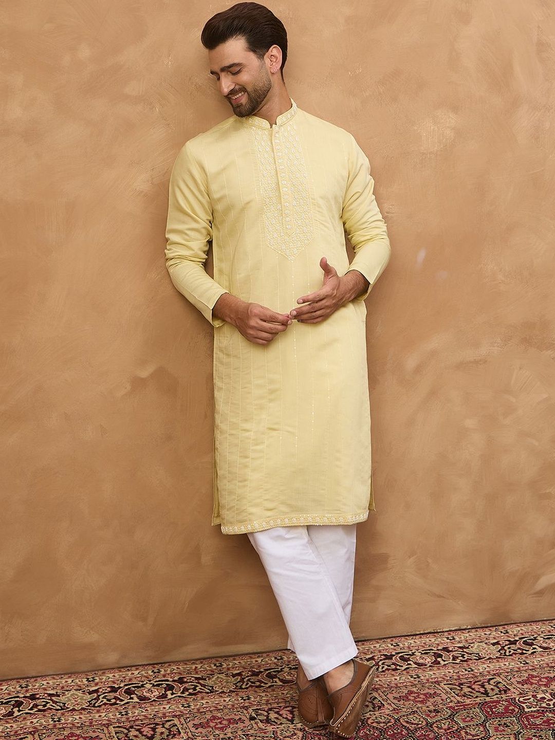 Ethnic Bay Men Yellow Silk Blend Solid Embroidered Straight Kurta With Pant Set-MKSET1507