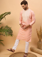 Ethnic Bay Men Peach Silk Blend Solid Embroidered Straight Kurta With Pant Set-MKSET1510
