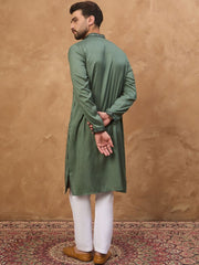 Ethnic Bay Men Green Silk Blend Geometric Embroidered Straight Kurta With Pant Set-MKSET1517