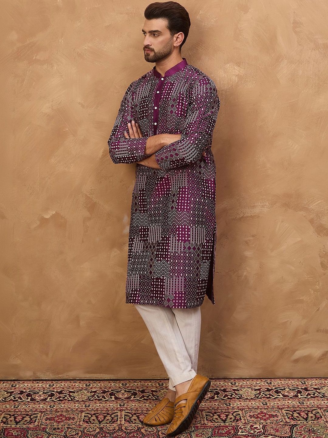 Ethnic Bay Men Purple Silk Blend Geometric Printed Straight Kurta With Pant Set-MKSET1529