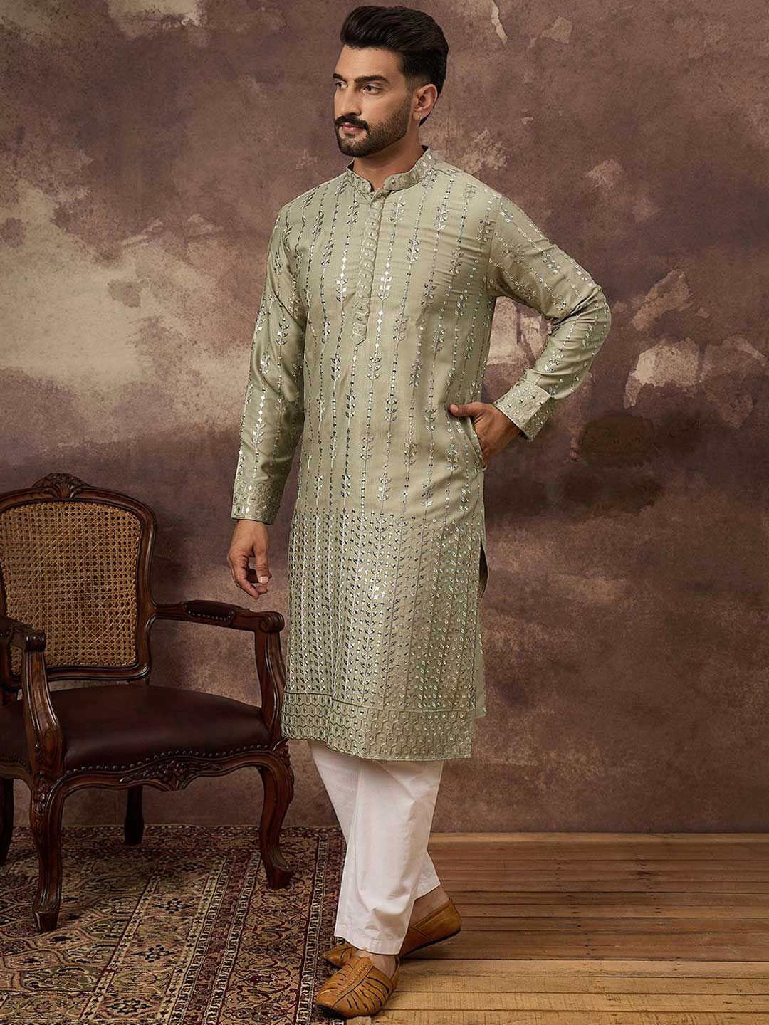 Ethnic Bay Men Green Silk Blend Solid Embroidered Straight Kurta With Pant Set-MKSET1356