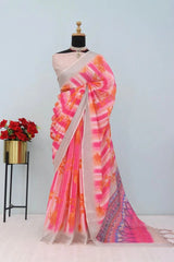 Linen Digital Print Pink Saree With Unstiched Blouse Piece-MPHL-37-PINK