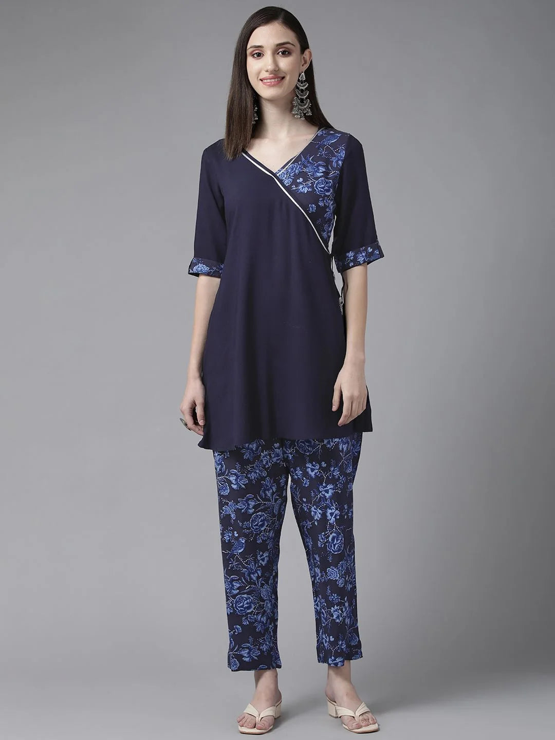 Navy Blue Printed Co ord Sets: Rayon Angrakha Tunic & Trousers
