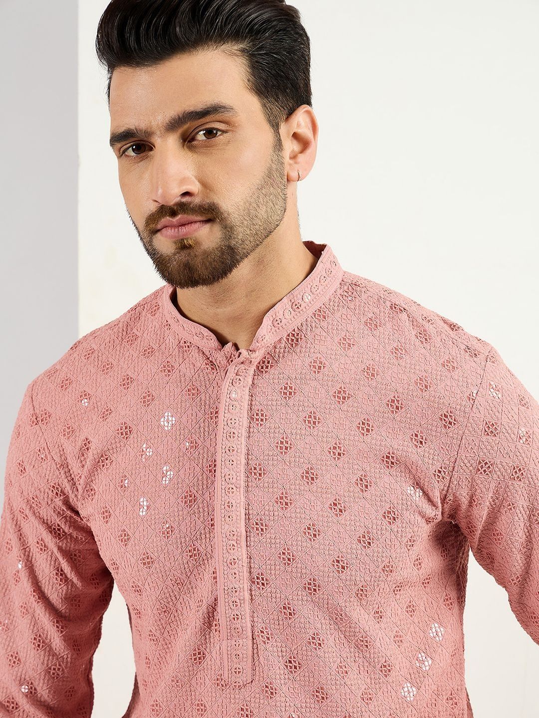 Ethnic Bay Men Pink Viscose Rayon Embroidered Straight Kurta With Pant Set-MKSET1060