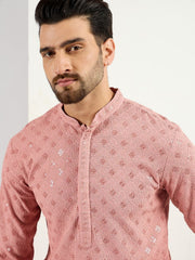 Ethnic Bay Men Pink Viscose Rayon Embroidered Straight Kurta With Pant Set-MKSET1060