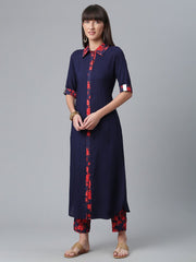 Navy Blue Solid Rayon Kurta with Printed Pant Set-AHKUPN-COMBO-363