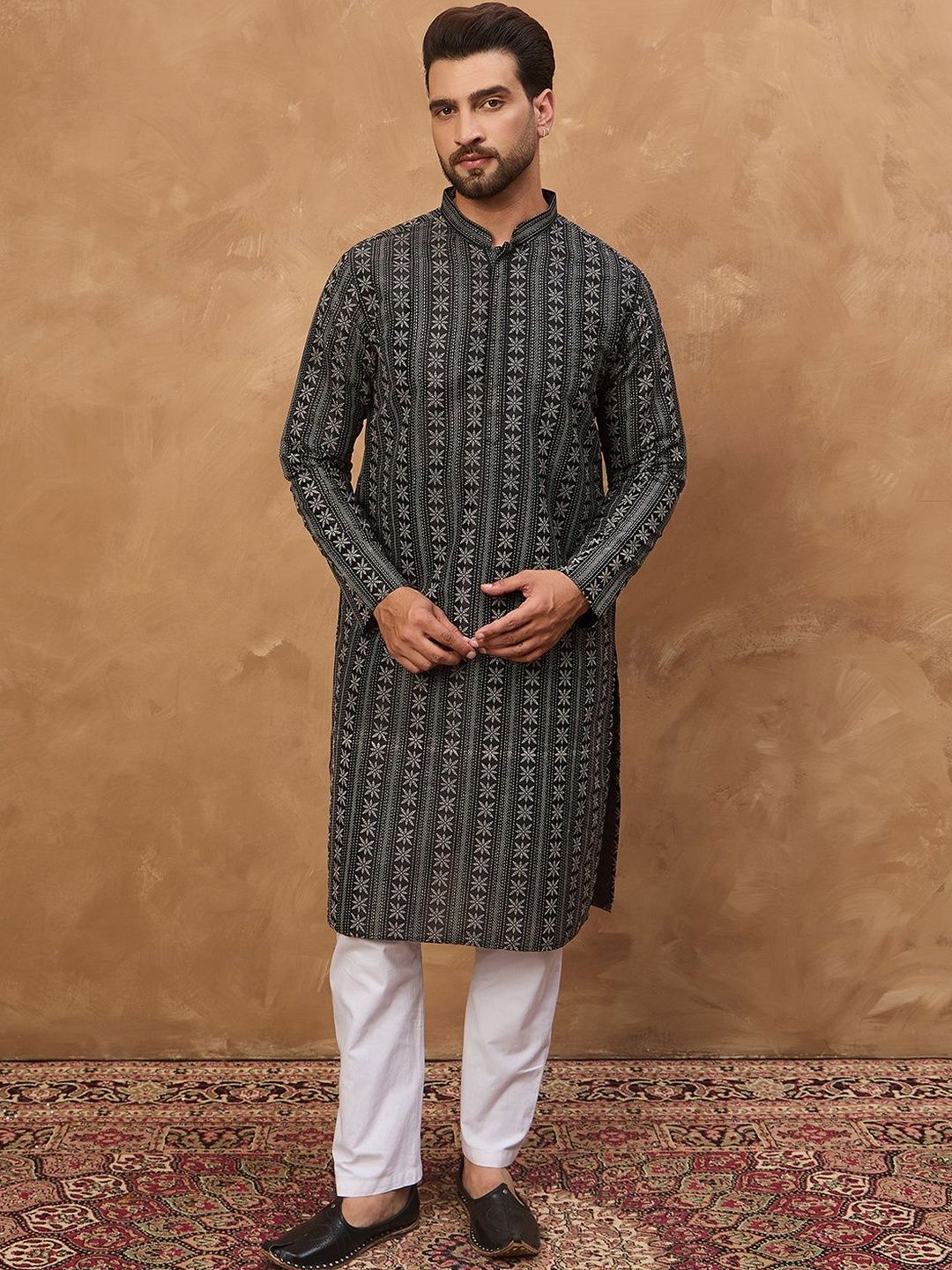 Ethnic Bay Men Black Silk Blend Geometric Printed Straight Kurta With Pant Set-MKSET1523