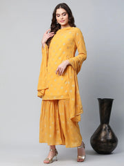 Women's Mustard Yellow Georgette Printed Sharara Set With Dupatta-AHKUDUSH-COMBO-433
