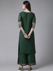 Dark Green Chanderi Gold Printed Kurta Palazzo Set-AHKUJKPZ-COMBO-385